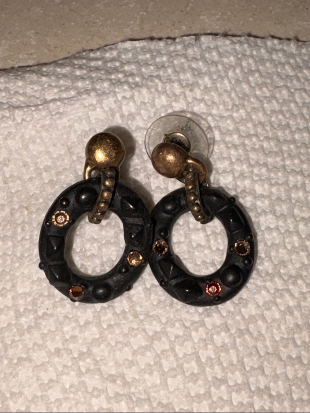 Vintage-Inspired Black Hoop Drop Earrings with Gold Accents